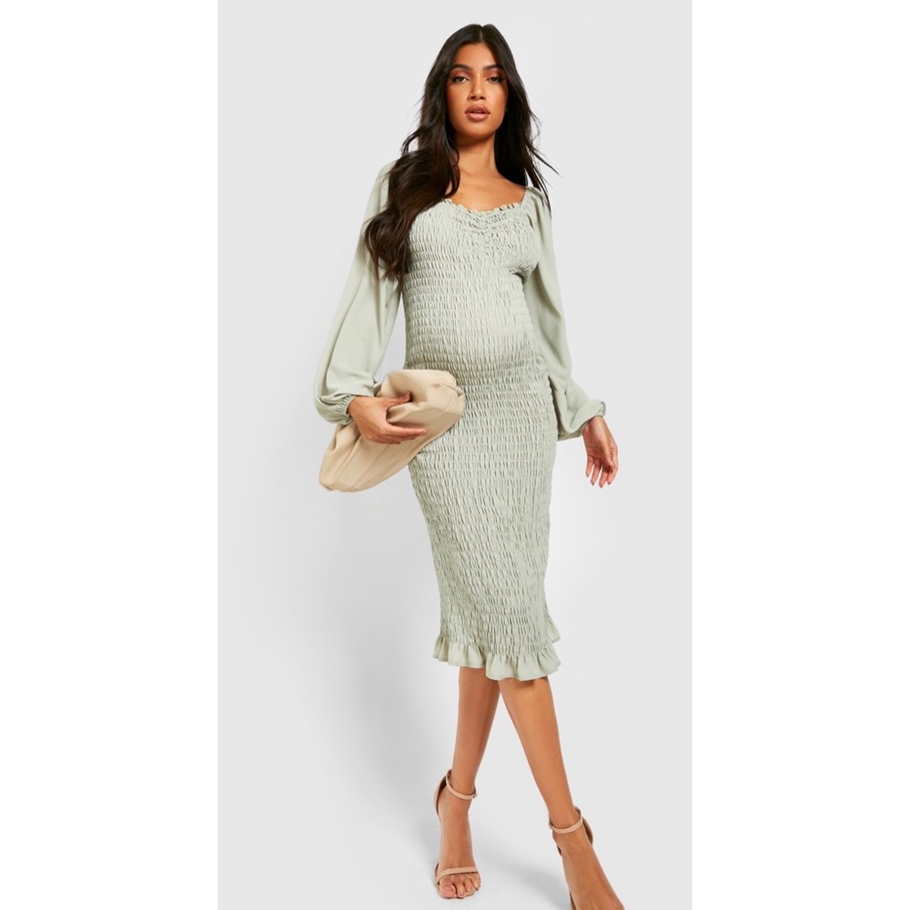 MATERNITY LONG SLEEVE SHIRRED MIDI DRESS SAGE GREEN SIZE 8 & 10